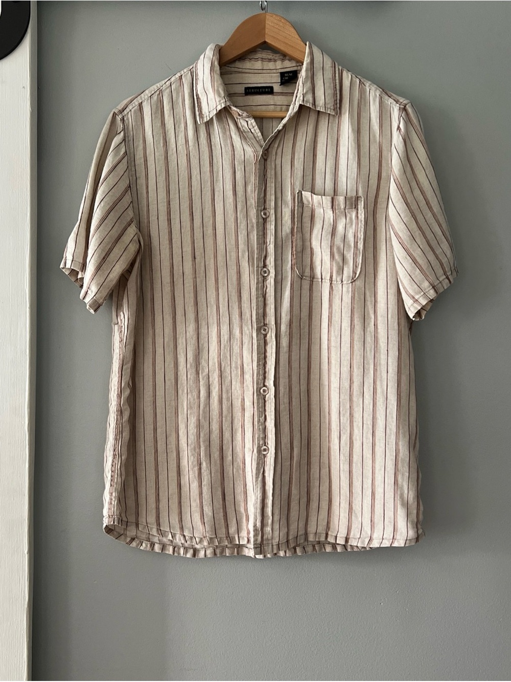 VTG Structure Beige Short-Sleeve Button-Down 100% Linen Shirt w/Brown Stripes